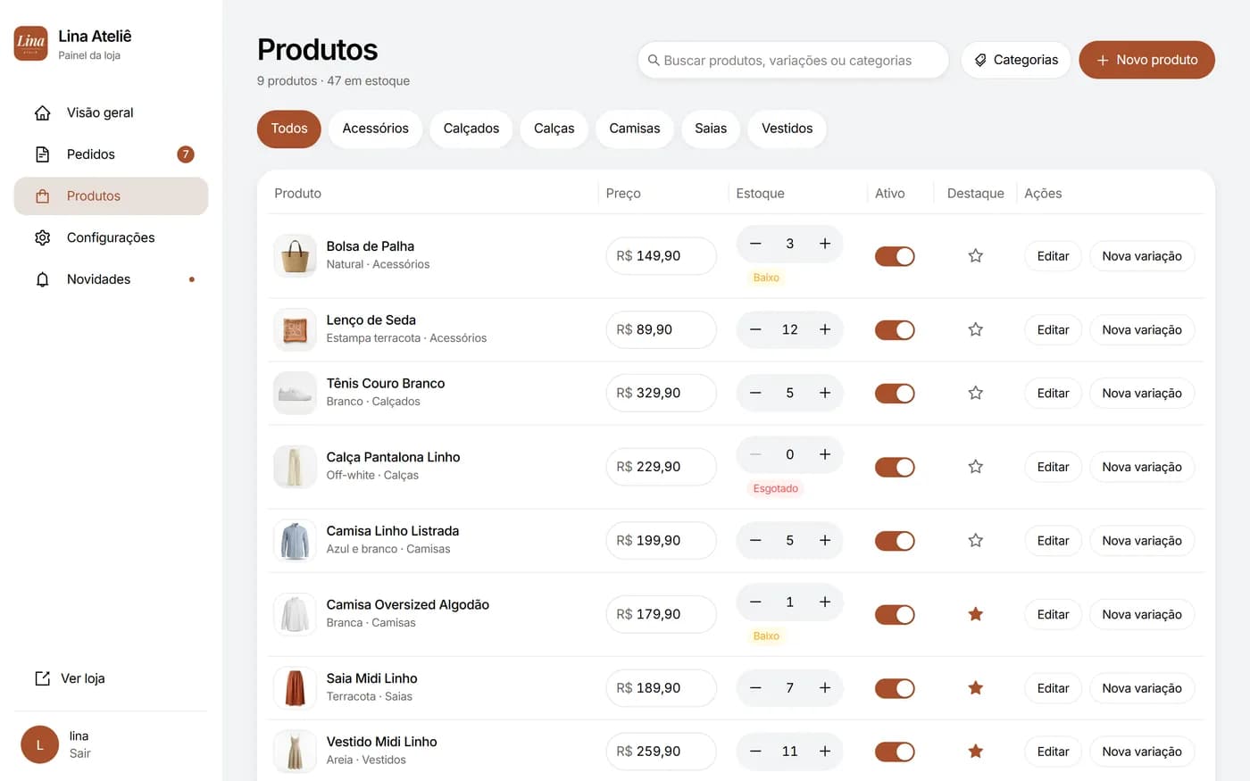 Painel do lojista: lista de produtos com preço, estoque e ativo editáveis na própria tabela