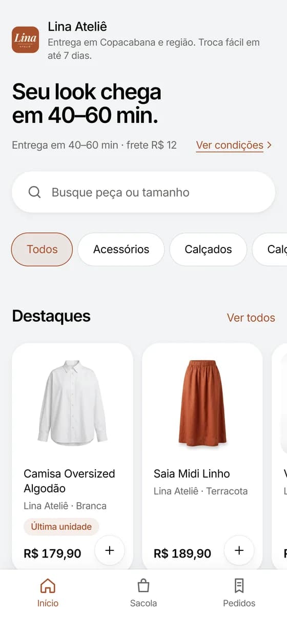 Vitrine da Lina Ateliê no celular: busca, destaques e preços