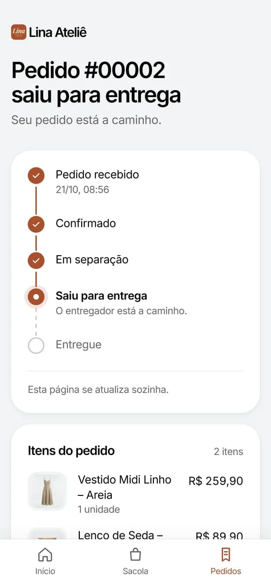 Página do pedido no celular do cliente, com o status Saiu para entrega